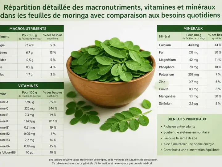 Feuilles de moringa dans un bol, avec un tableau détaillant les macronutriments, vitamines et minéraux. Les bienfaits principaux du moringa incluent son apport en antioxydants.