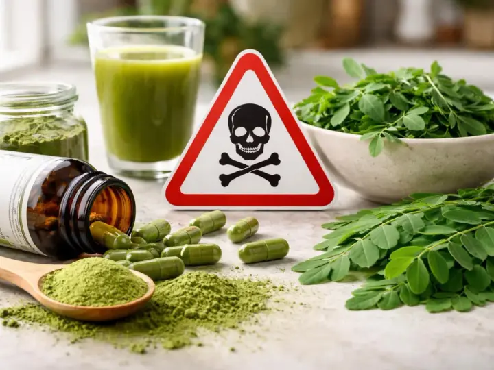 Attention au danger du moringa : pilules, poudre, jus et feuilles, avec un panneau de danger.