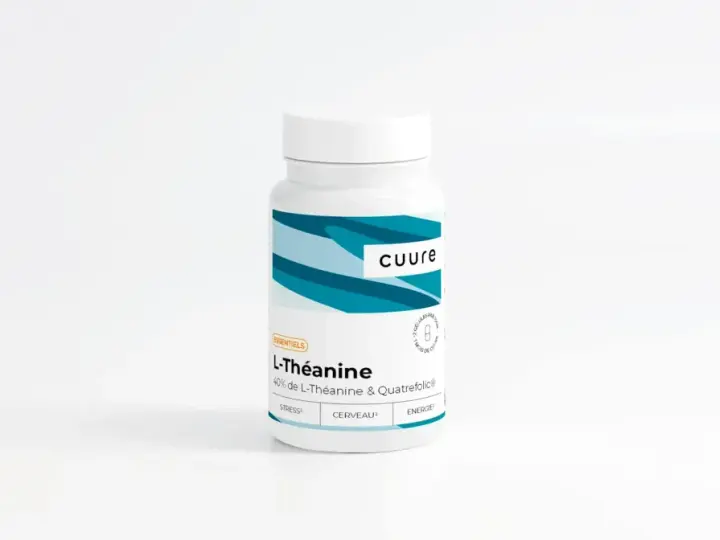 Flacon de L-Théanine "Cuure", 40% de L-Théanine & Quatrefolic®, pour le stress et le cerveau.