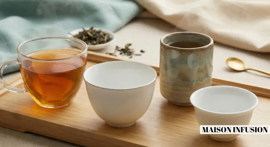 Quatre tasses de thé, dont une en verre remplie d'une infusion ambrée, invitent à choisir quel thé déguster.