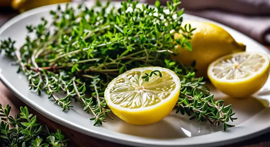 Un bouquet de thym frais et des citrons coupés en deux sur une assiette blanche, prêts pour une infusion thym citron réconfortante.