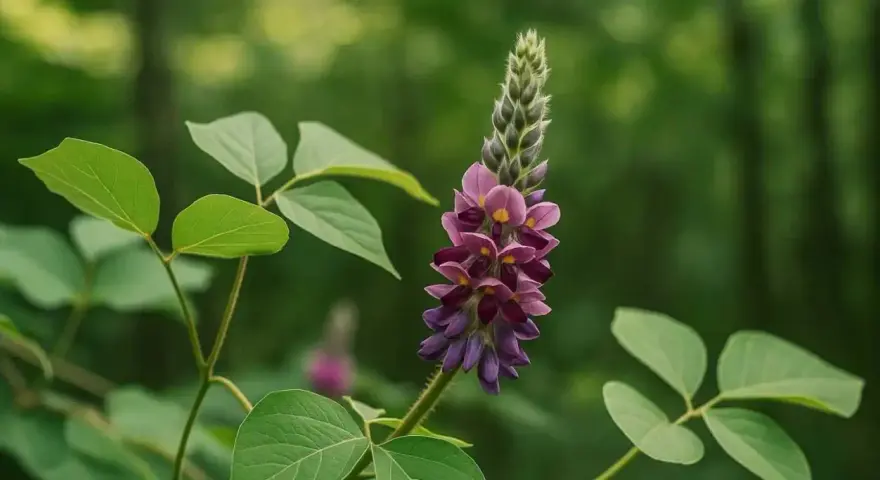 Fleur de kudzu aux teintes violettes et roses, évoquant ses nombreux kudzu bienfaits. Des feuilles vertes l'entourent dans un décor forestier flou.