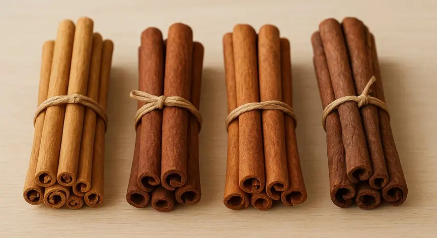 Quatre bouquets de bâtons de cannelle, liés par de la ficelle, sur un fond de bois clair. La cannelle exhale un parfum chaleureux.