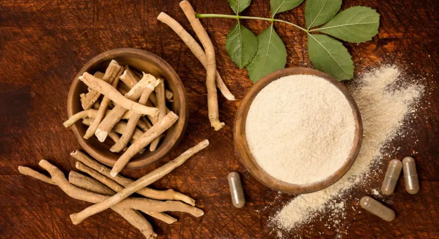 Racines d'Ashwagandha, poudre et gélules, une plante adaptogène aux multiples bienfaits.