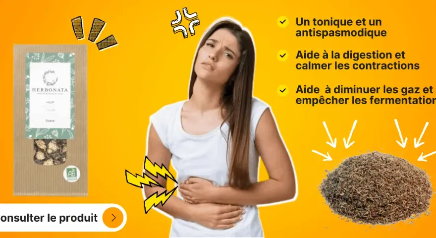 Une femme souffre de maux d'estomac. Le thym, aux nombreux bienfaits, est présenté comme une solution naturelle pour soulager les contractions et les gaz.