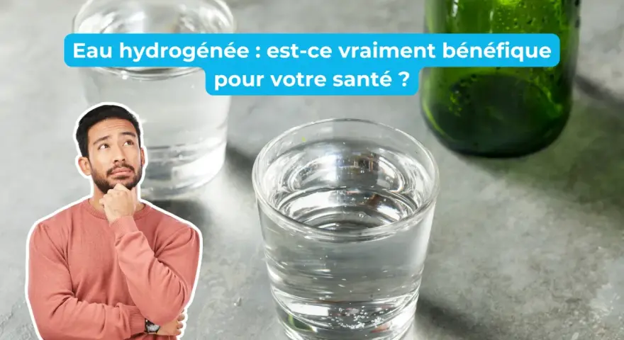 Un homme pensif regarde des verres d'eau, s'interrogeant sur les bienfaits de l'eau hydrogénée et le potentiel danger.