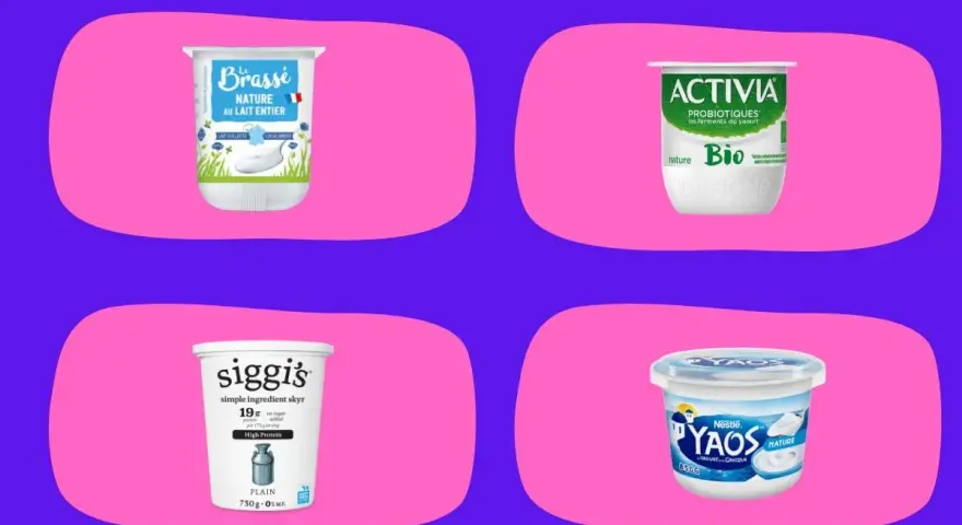 Quatre yaourts nature, dont Activia avec ses probiotiques et lactobacillus acidophilus, et un skyr Siggi's riche en protéines.