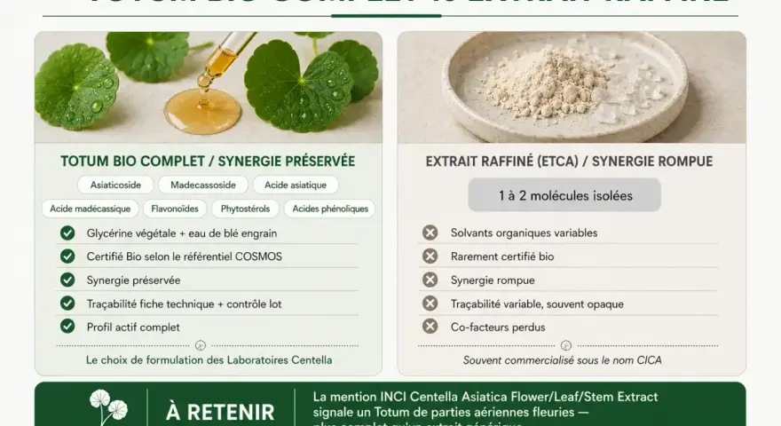 Comparaison entre le totum bio complet de gotu kola et un extrait raffiné, mettant en avant la synergie préservée du premier.