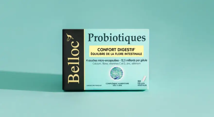 Boîte de probiotiques Belloc pour le confort digestif. Ce probiotique estomac équilibre la flore intestinale.