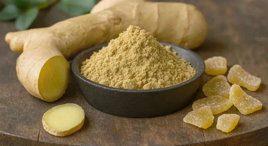 Gingembre cru, poudre et confit sur une planche en bois. Une racine de gingembre coupée révèle sa chair jaune vif.