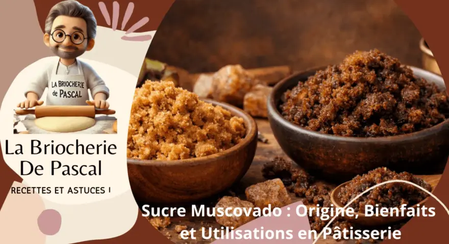 Deux bols de sucre muscovado, un ingrédient aux multiples bienfaits pour la pâtisserie. Un chef cartoon prépare de la pâte.