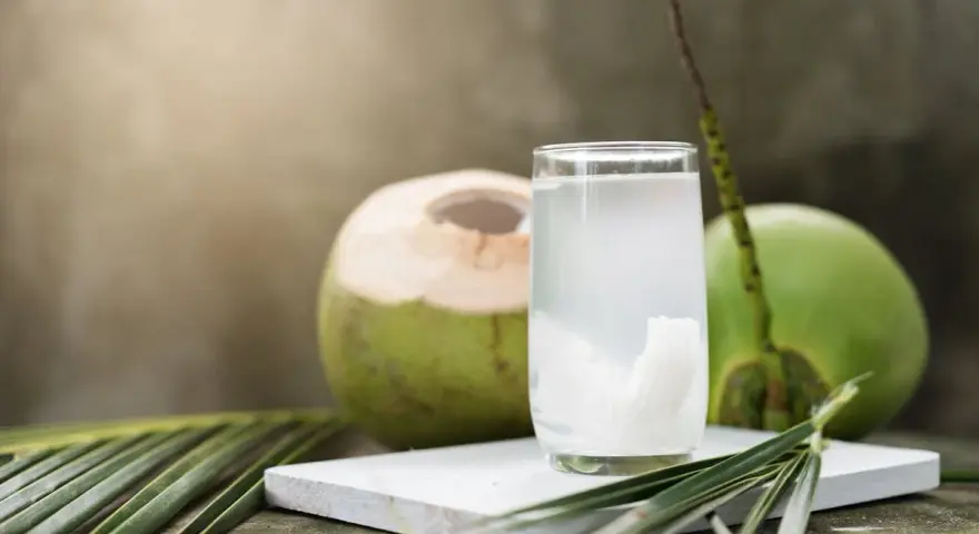 Un verre d'eau de coco, riche en potassium, à côté de noix de coco fraîches et de feuilles de palmier.