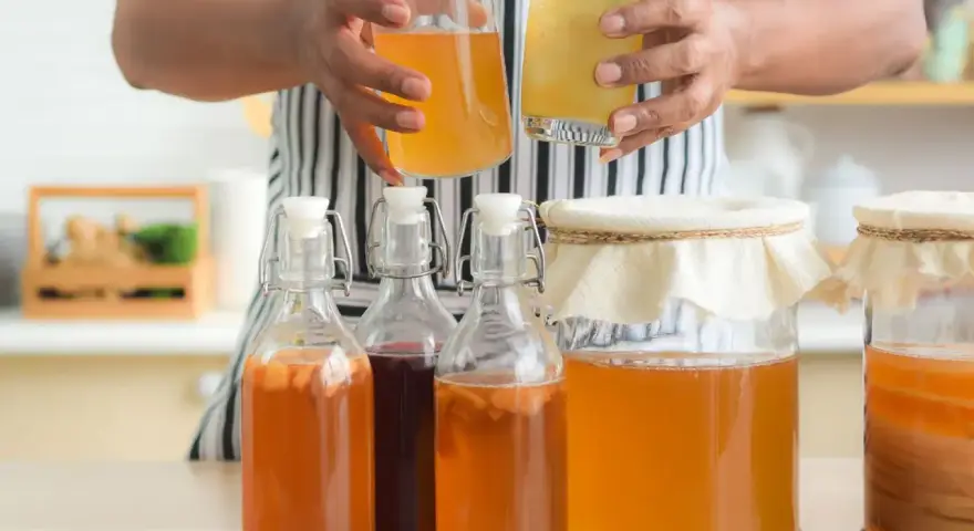 Personne tenant une bouteille et un verre de kombucha, entouré de plusieurs bouteilles et bocaux contenant le **champignon de kombucha** en fermentation.