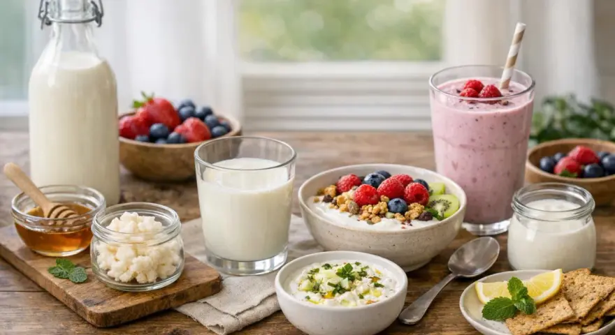 Un assortiment de produits laitiers et de fruits frais, incluant du kefir vivant, du lait, des baies, un smoothie et du yaourt.