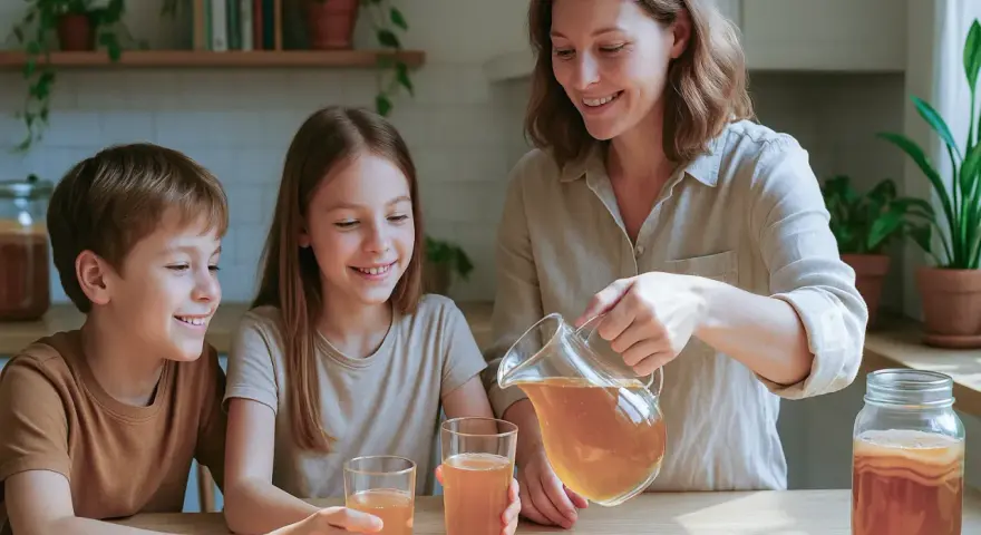 Une mère verse du kombucha dans des verres pour ses enfants. Un moment de partage autour de cette boisson fermentée, le kombucha enfant est une alternative saine.