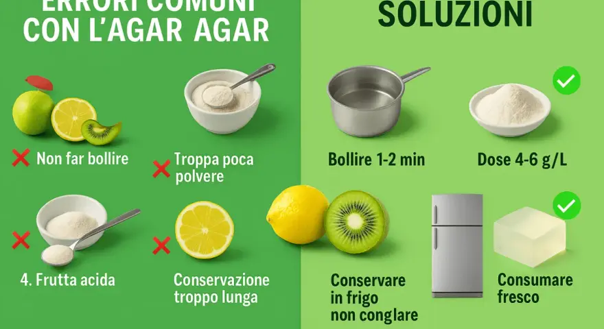 Erreurs courantes avec l'agar agar : ne pas faire bouillir, trop peu de poudre, fruits acides, longue conservation. Solutions : faire bouillir 1-2 min, dose 4-6 g/L, conserver au frais.