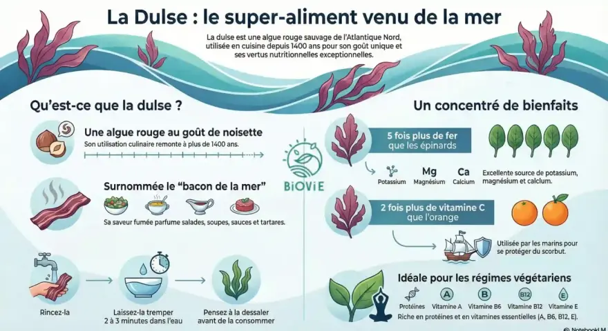 L'algue dulse, rouge et au goût de noisette, est un super-aliment de l'Atlantique Nord, surnommée "bacon de la mer". Elle est riche en fer et vitamine C.