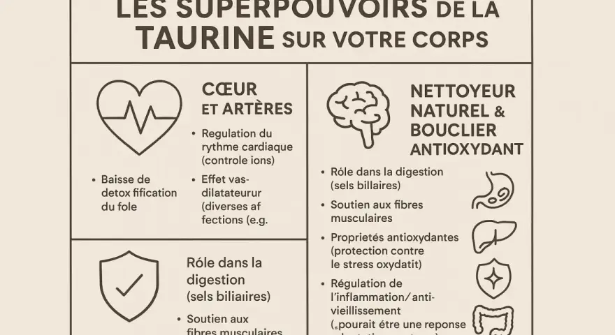 Les bienfaits de la taurine : cœur, digestion, antioxydant. Elle régule le rythme cardiaque, soutient les fibres musculaires et protège contre le stress oxydatif.