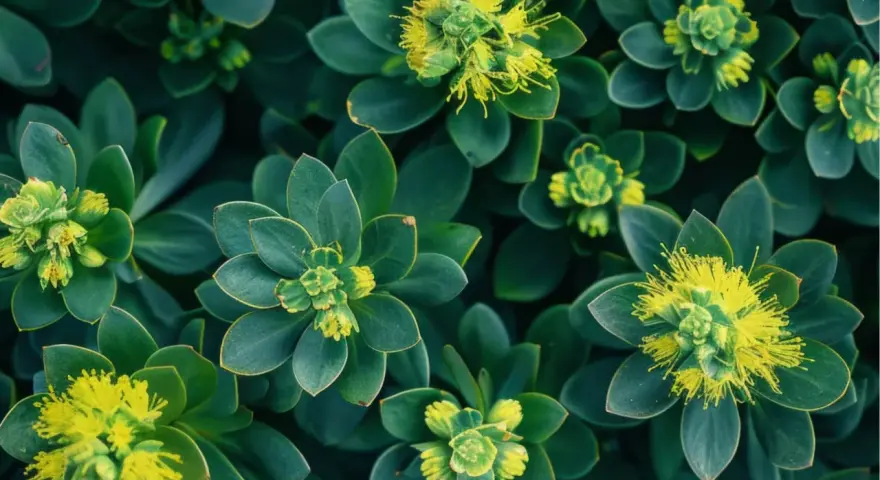 Plantes vertes aux feuilles épaisses et succulentes, avec de petites fleurs jaunes au centre. Une belle vue de la rhodiola rosea.