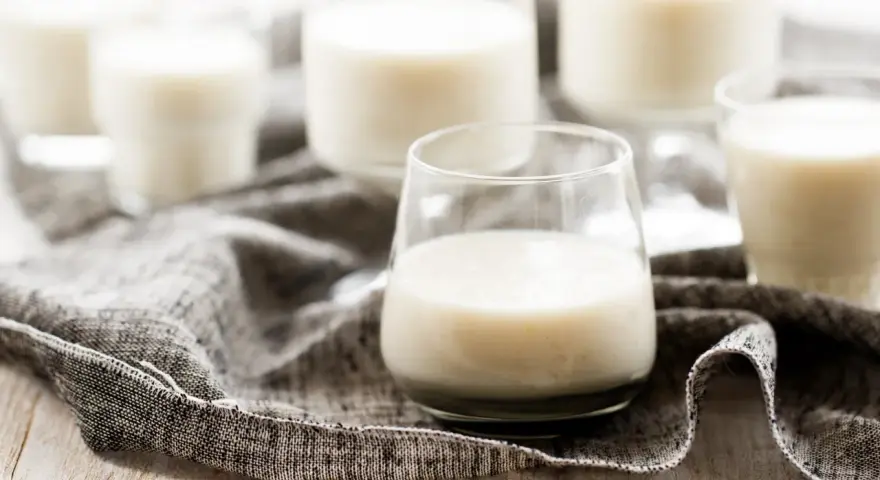 Plusieurs verres remplis de kéfir crémeux, posés sur une serviette grise.