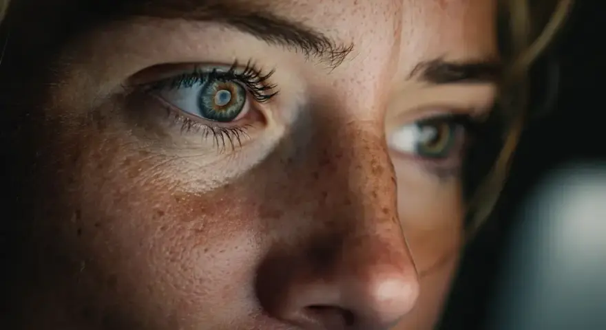 Gros plan sur les yeux d'une femme, révélant la beauté de sa peau tachetée. L'astaxanthine bienfaits pour une peau éclatante.