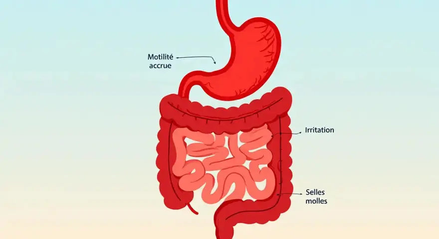 Illustration du système digestif montrant une motilité accrue, une irritation et des selles molles. Attention au malate de magnésium danger.