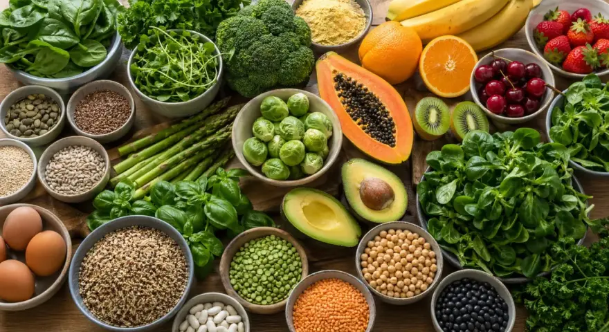 Assortiment de fruits et légumes frais, œufs, graines et légumineuses. Un festin coloré qui met en avant le bienfait de l'acide folique pour la santé.