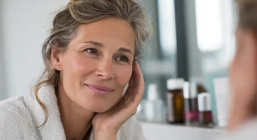 Une femme d'âge mûr, aux cheveux gris et portant une robe de chambre, se regarde dans le miroir. Elle a un sourire doux, comme si elle pensait à un trèfle rouge porte-bonheur.