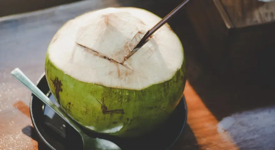 Une noix de coco fraîchement ouverte, prête à être dégustée. L'eau de coco, promesse d'une hydratation pure, est un délice qui ne trompe jamais.