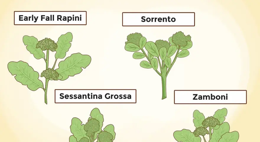 Quatre variétés de pousse de brocoli : Early Fall Rapini, Sorrento, Sessantina Grossa et Zamboni.