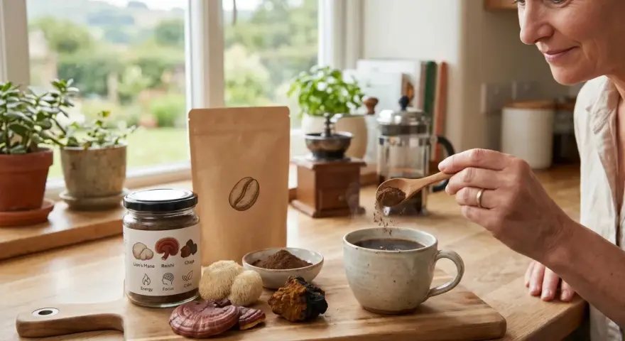 Une femme ajoute une cuillère de poudre à sa tasse de café, entourée de champignons médicinaux comme le chaga, pour profiter de ses bienfaits.