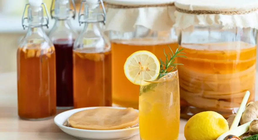 Verre de kombucha rafraîchissant, entouré de bouteilles et de bocaux, rappelant l'origine de cette boisson fermentée.
