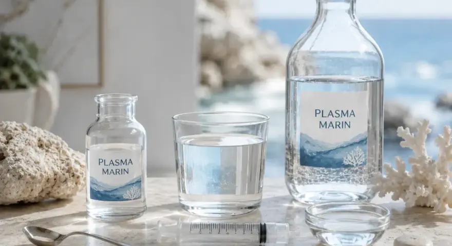 Bouteilles et verre de Plasma Marin, évoquant les bienfaits de l'eau de Quinton. Une seringue et une cuillère suggèrent une utilisation thérapeutique.