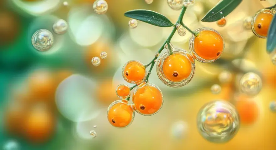 Baies d'argousier riches en oméga 7, entourées de bulles lumineuses, évoquant la pureté et la vitalité.