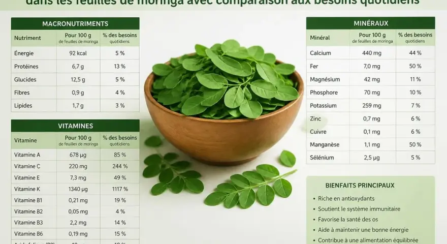Feuilles de moringa dans un bol, avec un tableau détaillant les macronutriments, vitamines et minéraux. Les bienfaits principaux du moringa incluent son apport en antioxydants.
