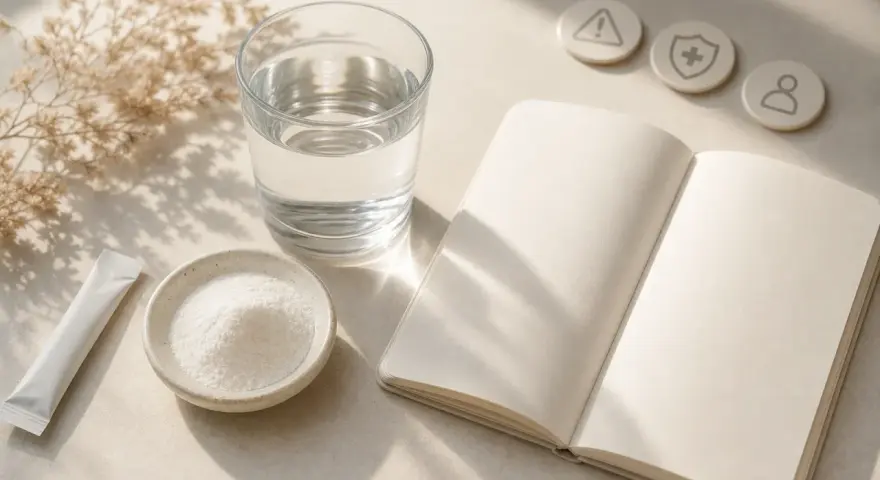 Poudre de collagène marin, verre d'eau, carnet ouvert et icônes de santé. Réflexion sur les dangers potentiels du collagène marin.