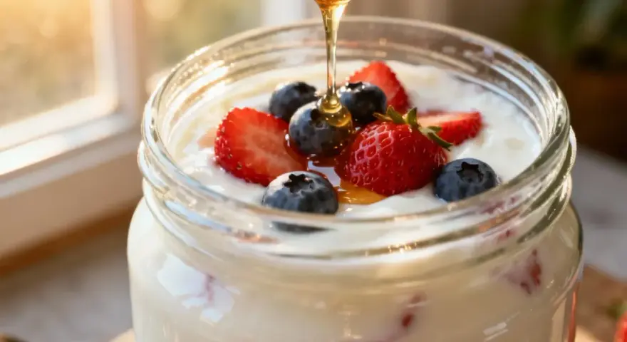 Un pot de yaourt aux ferments lactiques garni de fraises et myrtilles, arrosé de miel doré. Un délice matinal.