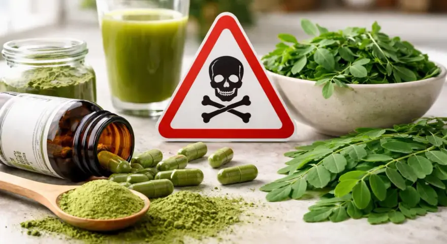 Attention au danger du moringa : pilules, poudre, jus et feuilles, avec un panneau de danger.
