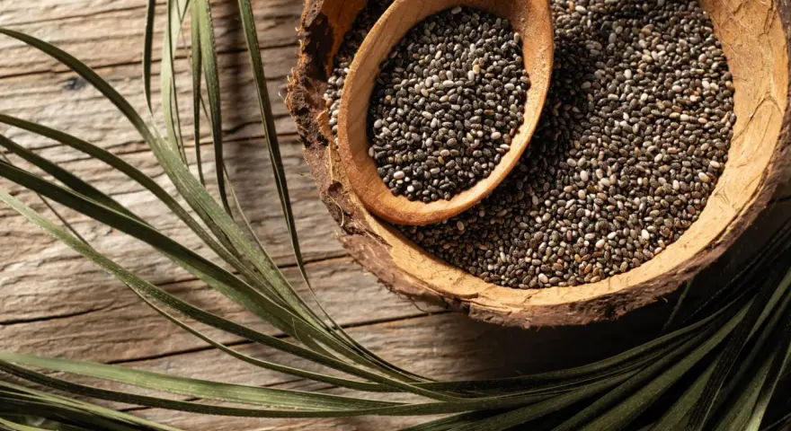 Graines de chia dans une écorce de noix de coco, une cuillère en bois remplie de ces petites graines. Un aliment idéal pour une femme enceinte.