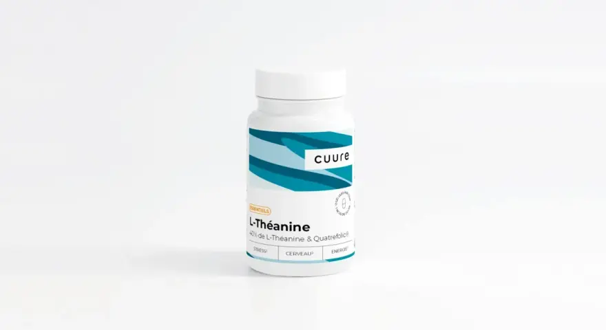 Flacon de L-Théanine "Cuure", 40% de L-Théanine & Quatrefolic®, pour le stress et le cerveau.