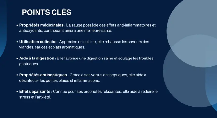 Points clés sur la sauge : ses bienfaits médicinaux, culinaires, digestifs, antiseptiques et apaisants.