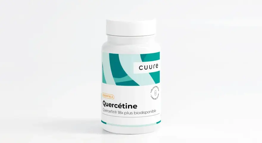 Flacon de quercétine, un complément alimentaire pour le bien-être de l'intestin.