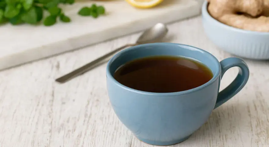Une tasse de tisane pour mal de gorge, avec du gingembre, du citron et de la menthe à proximité.