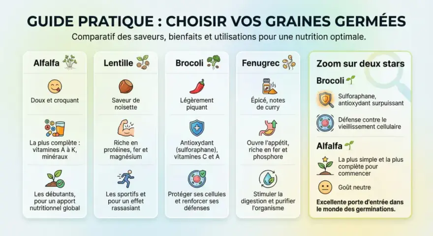 Guide comparatif des graines germées : Alfalfa, Lentille, Brocoli, Fenugrec. Zoom sur les bienfaits du brocoli et de l'alfalfa.