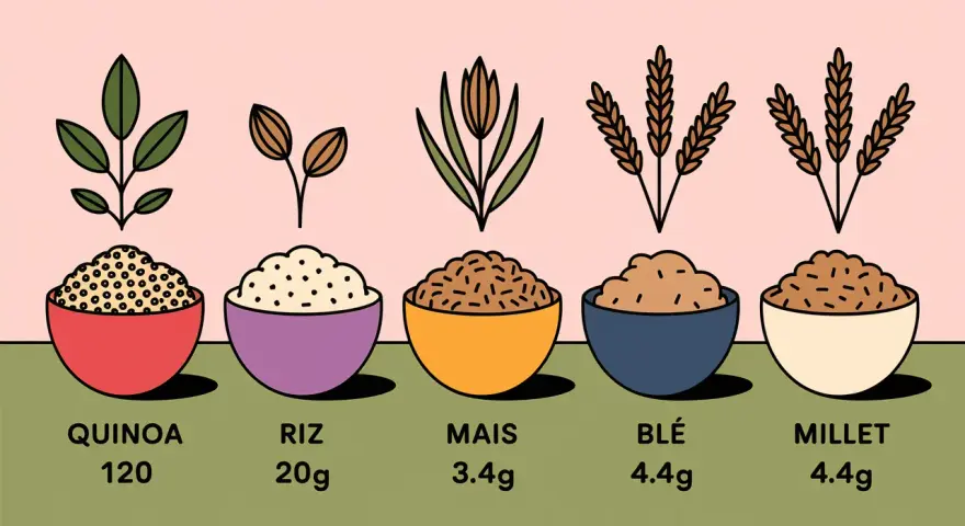 Cinq bols de céréales : quinoa, riz, maïs, blé, millet. Le quinoa, avec 120, peut causer une intolérance.