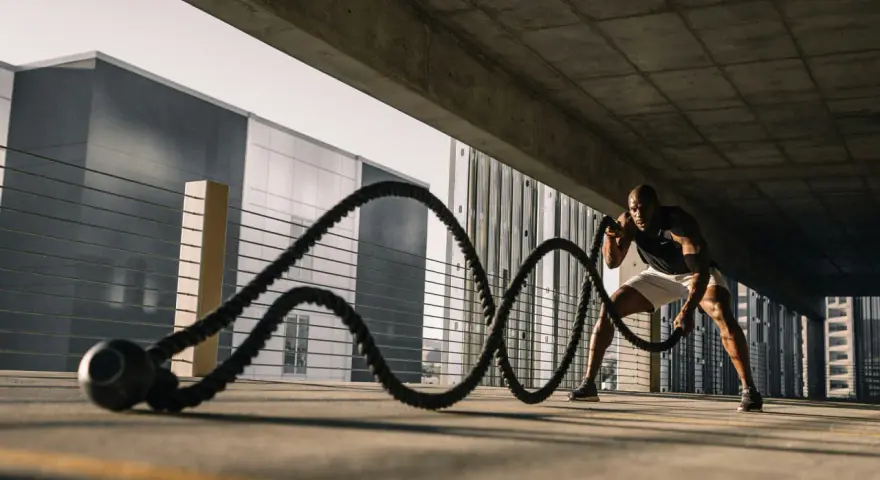 Un homme s'entraîne avec des cordes de bataille sous un pont. Il est concentré, ses muscles tendus. Les bienfaits de la glutamine pour la récupération sont essentiels pour ce type d'effort.