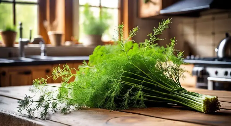 Un bouquet de fenouil sauvage frais, aux fines feuilles vertes, repose sur une table en bois rustique. La cuisine en arrière-plan suggère une préparation culinaire savoureuse.