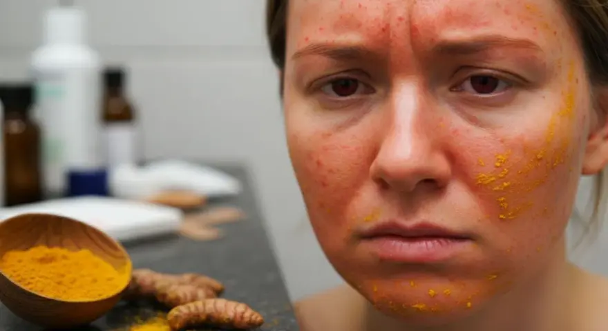 Visage marqué par des rougeurs et des boutons, avec des traces de cataplasme de curcuma. Des racines et de la poudre de curcuma sont visibles à côté.