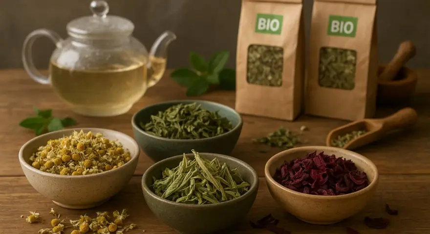 Comment faire une tisane : théière fumante, bols de camomille, verveine, hibiscus et herbes bio.