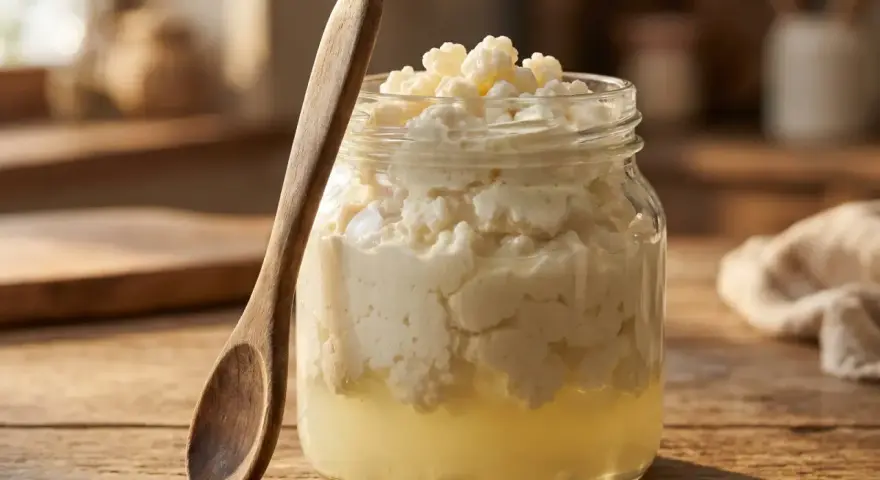 Grains de kéfir dans un bocal en verre, prêts à être utilisés pour préparer des aliments fermentés. Une cuillère en bois repose à côté.